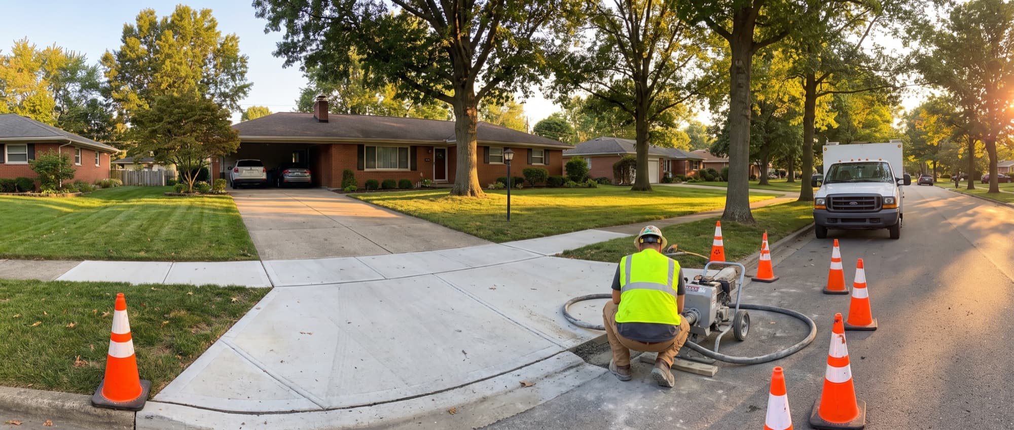 A crew member operating a concrete lifting pump beside a sunken sidewalk apron on a Columbus suburban street at sunset