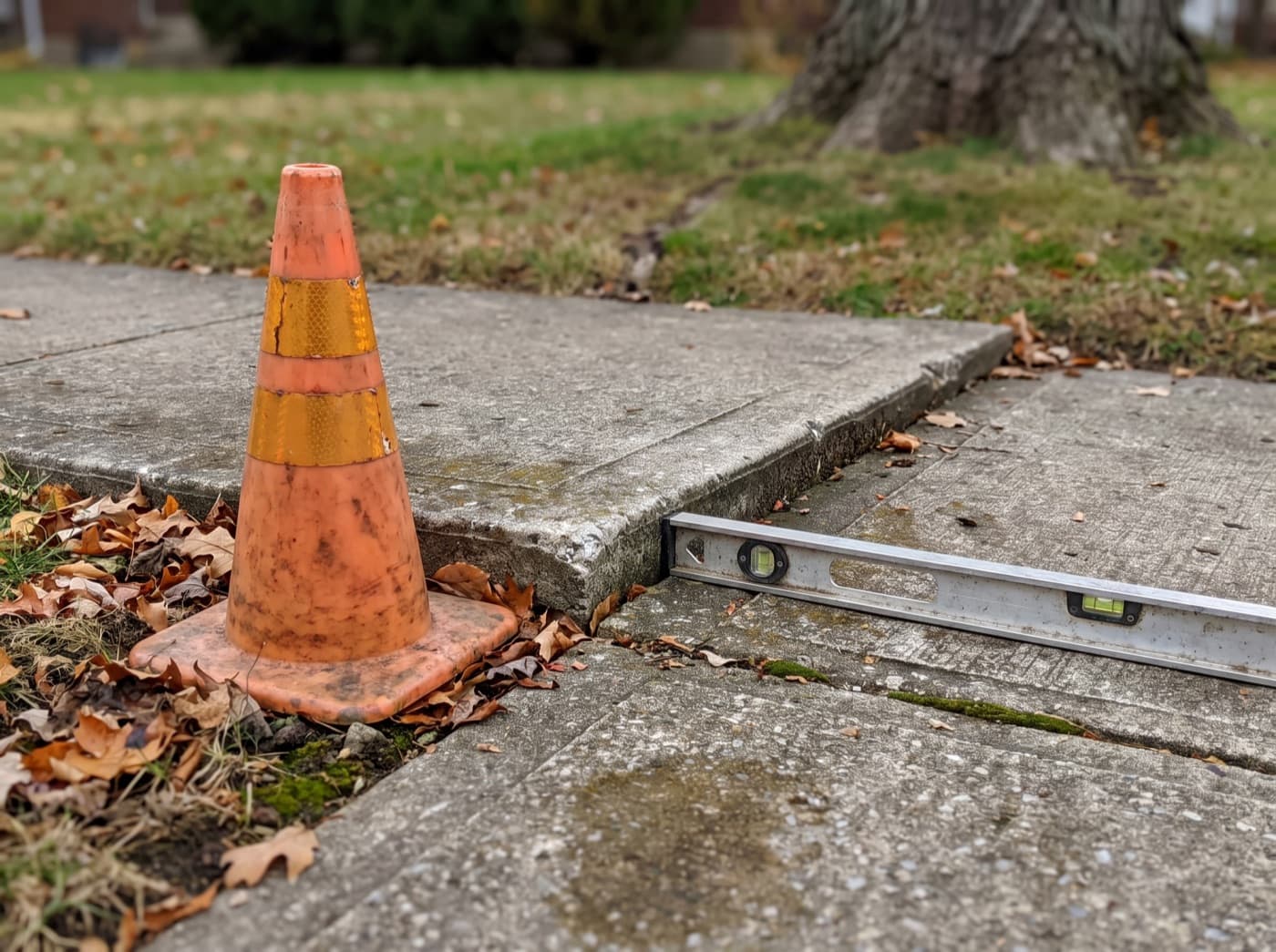 A raised edge between two sunken sidewalk panels marked with an orange cone and a level